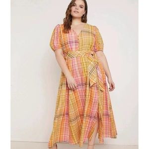 Eloquii Plaid Belted Puff Sleeve Maxi Dress Orange Yellow Green Spring S…
